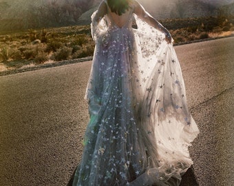 Nova - Star Wedding Dress | Gray Tulle Wedding Dress | Boho Stars Wedding | Celestial Tulle Grey Bridal Gown - SAMPLE