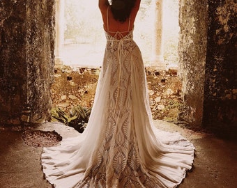 Exotic Boho Lace Wedding Dress | Beach Wedding Dress | Elegant Bohemian | Rustic Bridal | Elopement Bridal Gown | Zahara - Sample