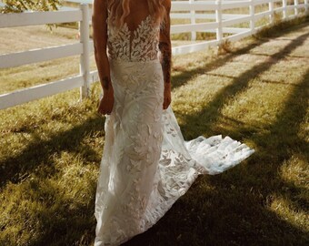 Dawn -Boho Wedding Dress Floral Embroidery Bohemian Wedding Dress-Side Slit Illusion Tulle Boho Wedding Dress-A-Line Gown - MADE TO ORDER