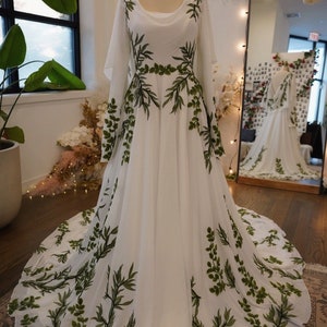 Olive Green Vines Nature Inspired Wedding Dress , Unique Wedding Dress With Leafs , Green Wedding Dress Embroidery, SAMPLE