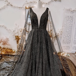 Midnight - Black Star Wedding Dress - Night Sky Shimmery A-line Sleeveless Deep V neckline Black Dress - SAMPLE