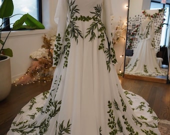 Olive Green Vines Nature Inspired Wedding Dress , Unique Wedding Dress With Leafs , Green Wedding Dress Embroidery, SAMPLE