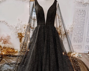 Midnight - Black Star Wedding Dress - Night Sky Shimmery A-line Sleeveless Deep V neckline Black Dress - SAMPLE