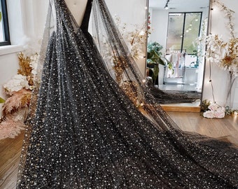 Midnight | Black A Line Skirt Bridal Gown With Gold & Silver Celestial Cape | Sample | 3-4 Month Delivery