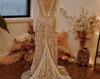 Helena - Romantic Sexy Full Sleeves Lace Boho Wedding Dress, Bohemian Wedding Gown With V Neck , Rustic Dress For Fall Wedding - SAMPLE