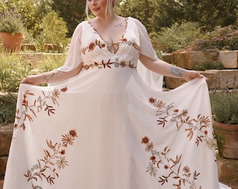 Autumn 2.0 - Fall Floral Embroidery Wedding Dress Rustic Bridal Elopement Dress Made To Order