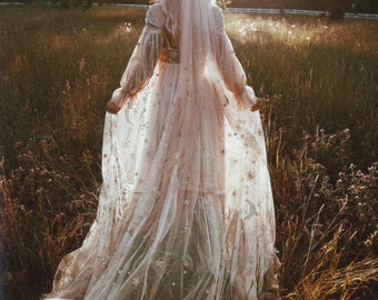 Starlight Unique Boho Wedding Dress By Flora & Lane | Lace Bridal Dress | Bohemian Dress For Unconventional Bride - Off Shoulder - SAMPLE