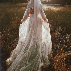 Starlight | Unique Celestial Bohemian Dress  | Stars Moon Wedding Dress | Luxury Off Shoulder Tan Wedding Dress- MADE TO ORDER