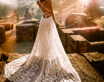 Giselle Boho Wedding Dress | Beach Backless Bohemian Wedding Dress | Lace Boho Wedding Dress | Sample