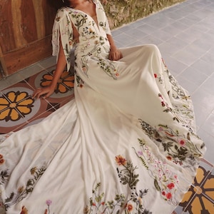 Colorful Embroidered Gown Bohemian Floral Bridal Gown Botanical Unique A Line Wedding Dress Flora Dress SAMPLE image 4