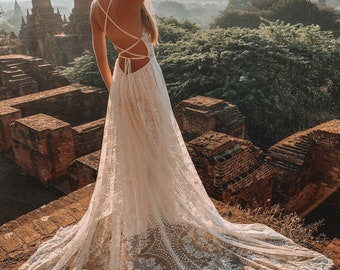 Giselle - Boho Wedding Dress | Open Back Criss Cross Dress| Floral Appliques | Bohemian Wedding Dress - SAMPLE