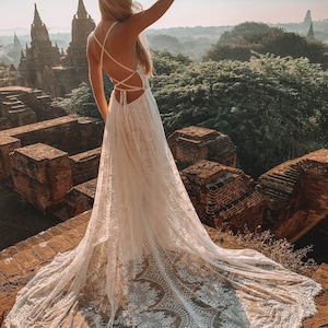 Giselle - Boho Wedding Dress | Open Back Criss Cross Dress| Floral Appliques | Bohemian Wedding Dress - SAMPLE