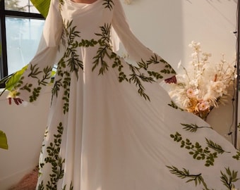 Olive | Greenery Leaf Forest Embroidery Nontraditional Wedding Dress | Unique Forest Wedding Dress SAMPLE