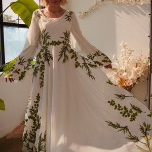 Olive | Green Leaf Forest Embroidery Nontraditional Wedding Dress | Unique Forest Wedding Dress | Sample | 3-4 Month Delivery