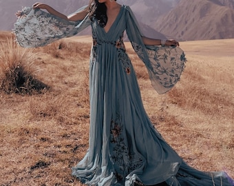 MEADOW - Color Embroidery Wedding Dress, Long Sleeves Bridal Gown, Teal Wedding Gown, Garden Fairy Woodland Dress | 5-7 months delivery
