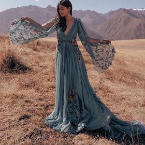 MEADOW - Color Embroidery Wedding Dress, Long Sleeves Bridal Gown, Teal Wedding Gown, Garden Fairy Woodland Dress | 5-7 months delivery