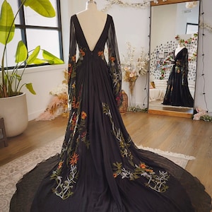Meadow Black Floral Rustic Wedding Dress Dark Gothic Dress Tulle Long Bridal Maxi Dress, Unique A Line Wedding Dress SAMPLE
