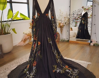 Meadow Black Floral Rustic Wedding Dress Dark Gothic Dress Tulle Long Bridal Maxi Dress, Unique A Line Wedding Dress SAMPLE