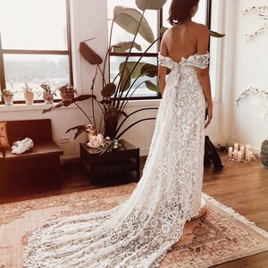 Bohemian Wedding Dress Crochet Lace Gown With Off Shoulder Lace Up Back Vintage Elopement Indie MADE TO ORDER image 8