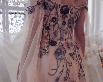 Esme Peach | Colorful Floral Wedding Dress | Embroidered Wedding Dress | Botanical Wedding Dress | Made To Order 5-7 Month Delivery