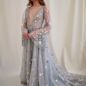 May include: A long, flowing, gray tulle gown with a plunging neckline and long sleeves. The gown is covered in gold and white stars.