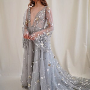 Star Celestial Wedding Dress | Gray Wedding Dress | Unique Boho Dress - Nova - SAMPLE