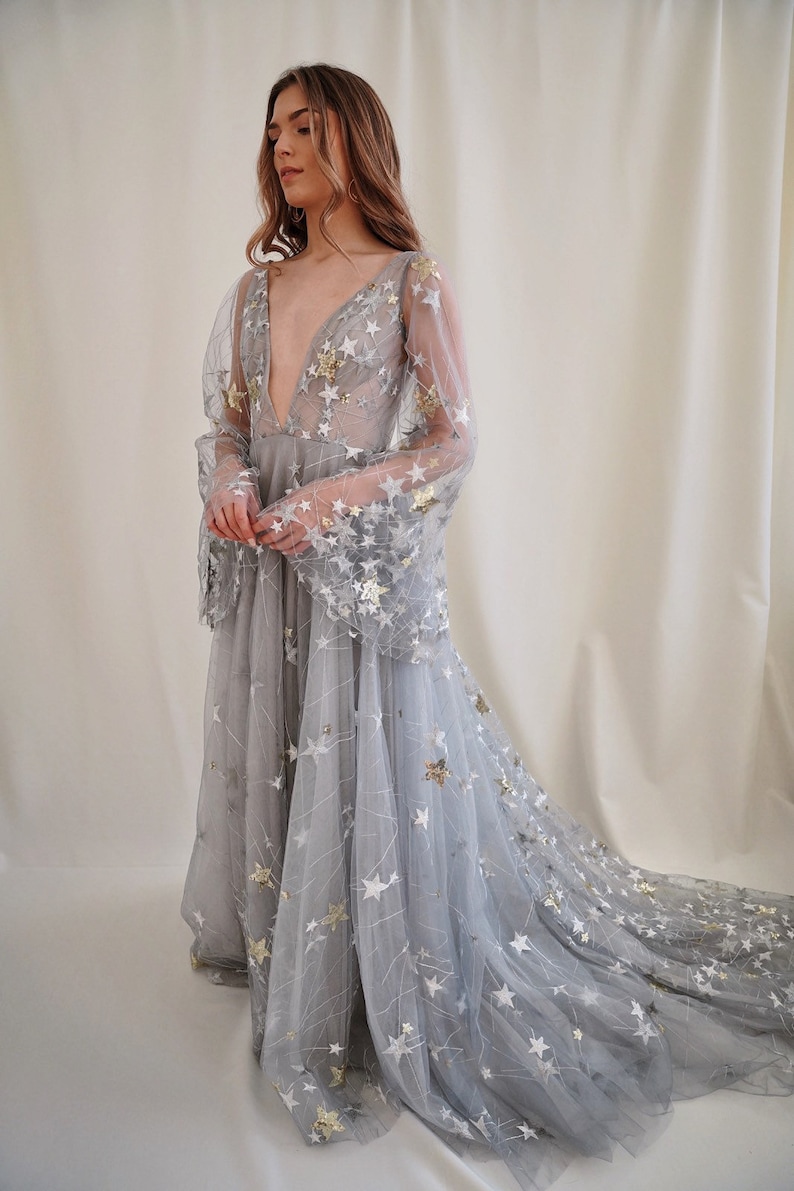 May include: A long, flowing, gray tulle gown with a plunging neckline and long sleeves. The gown is covered in gold and white stars.