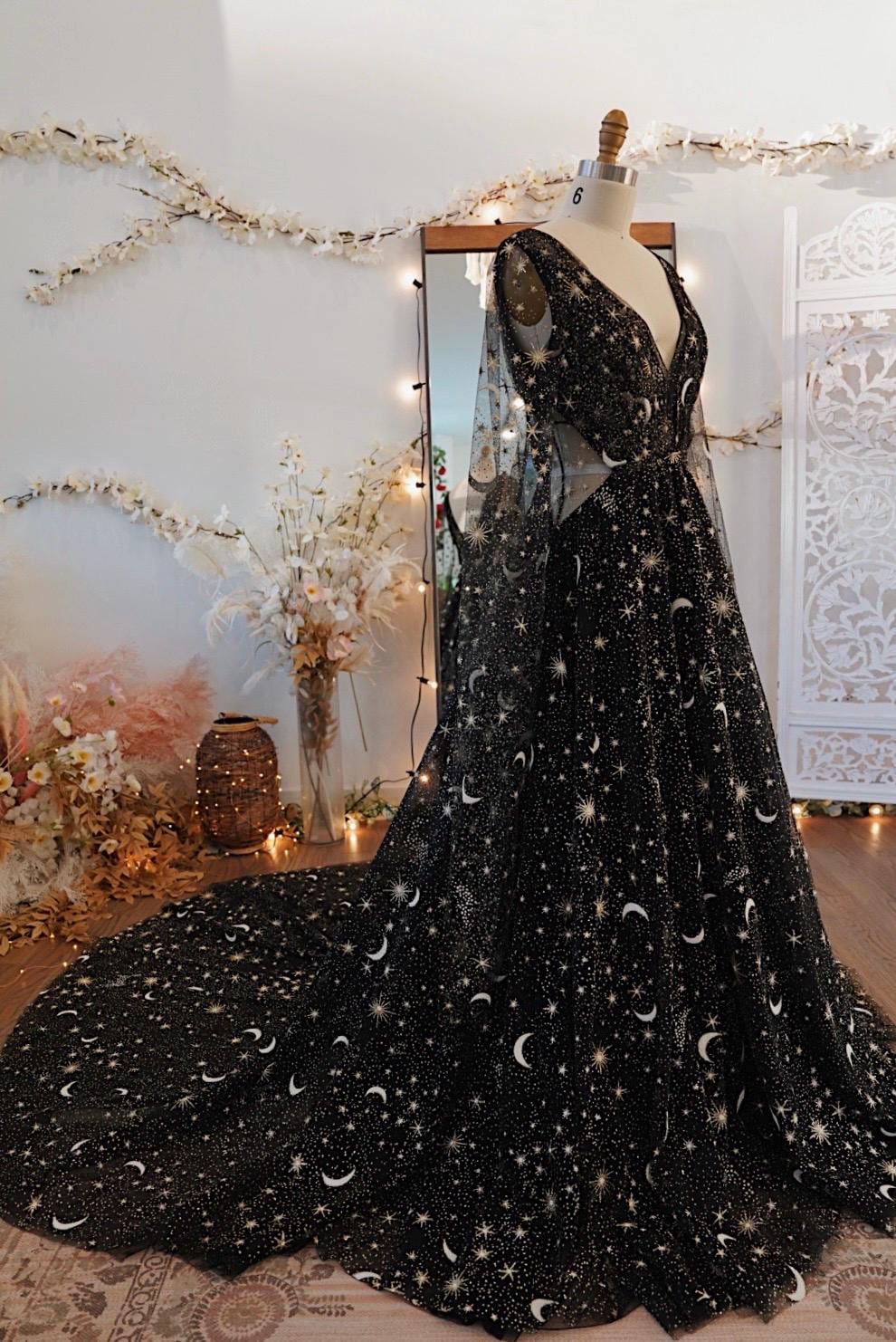 stardust and glitter dresses Black | Black Celestial Dress | Magical Star Wedding Dress | Dreamy Star Moon Wedding Dress NYE