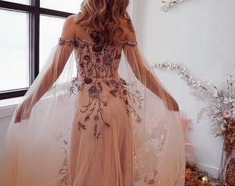 Esme Purple Floral Embroidery Peach Tulle A Line Dress, Boho Bridal Gown, Romantic Forest Fairy Princess Bridal Dress SAMPLE