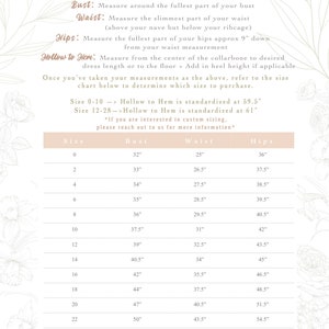 May include: A size chart for clothing with measurements in inches for bust, waist, and hips. The chart includes sizes 0-28. The text states that sizes 0-10 have a standard hollow to hem length of 59.5 inches and sizes 12-28 have a standard hollow to hem length of 61 inches.