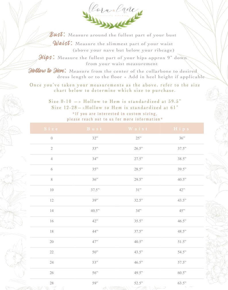 May include: A size chart for clothing with measurements in inches for bust, waist, and hips. The chart includes sizes 0-28. The text states that sizes 0-10 have a standard hollow to hem length of 59.5 inches and sizes 12-28 have a standard hollow to hem length of 61 inches.