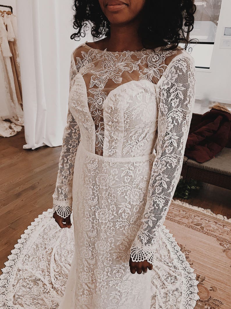 Venedig / Boho Hochzeitskleid / Vintage Spitze Hochzeitskleid / Offener Rücken rückenfrei und lange Ärmel Hochzeitskleid Bild 7