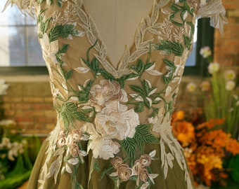 Sage Non Traditional Flower Embroidery Dress, Green Wedding Dress  Nature Unique Wedding Dress Romantic Bridal Gown