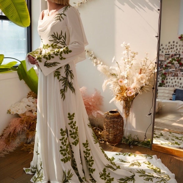 Olive | Green Leaf Embroidery Dress - Unique Wedding Dress With Color | Green Wedding Dress | Unique Bride Leaf Dress