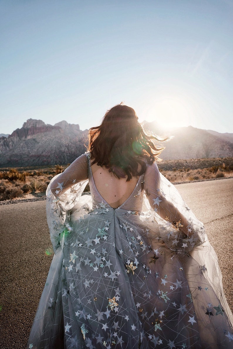 Stars Wedding Gown Unique Bohemian Wedding Dress Unique Gray Tulle A Line Dress Color Boho Dress Nova MADE TO ORDER image 4