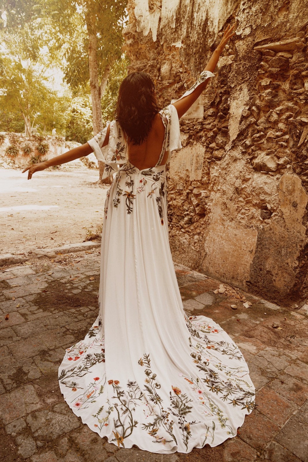 Flora Dress Botanical Colorful Unique Boho Wedding Dress Floral Bridal Gown  Open Back Bohemian Dress SAMPLE 