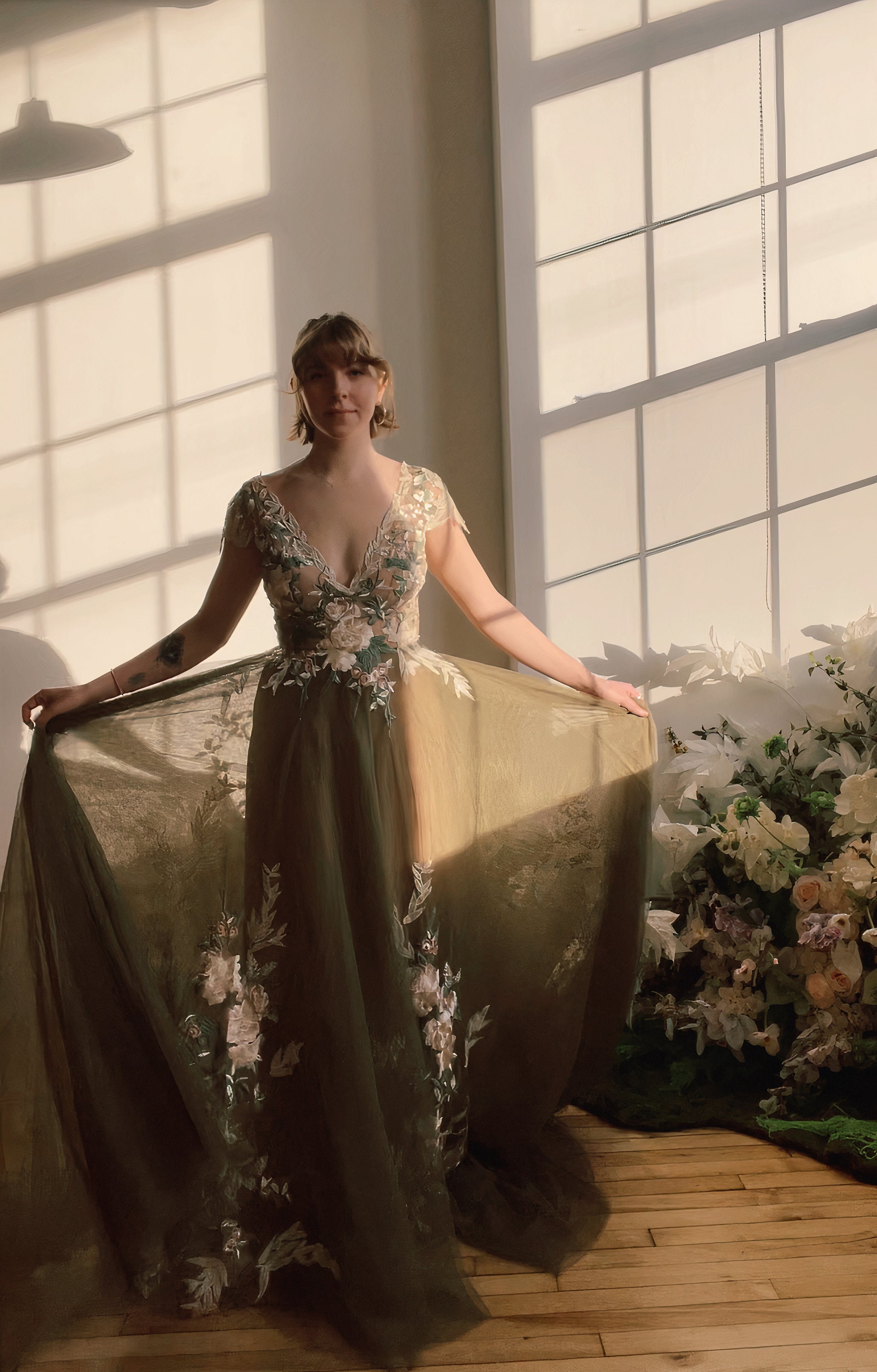 Sage | Non Traditional Flower Embroidery Dress, Green Wedding Dress |  Nature Unique Wedding Dress | Romantic Bridal Gown - Etsy
