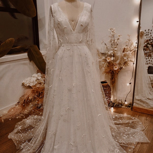 Stardust | Glitter Star Celestial Dress | Sparkle White Star Dress | Stars Moons Wedding Dress | Sample | 3-4 Month Delivery