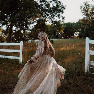 May include: A woman in a long, flowing, beige gown with a star pattern walks through a field with a white fence in the background.