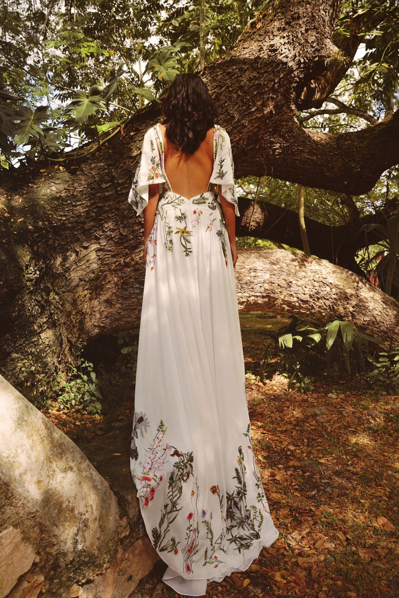 Colorful Embroidered Gown Bohemian Floral Bridal Gown Botanical Unique A Line Wedding Dress Flora Dress SAMPLE image 8