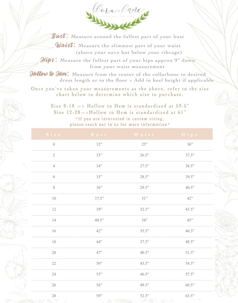 May include: A size chart for clothing with measurements in inches for bust, waist, and hips. The chart includes sizes 0-28. The text states that sizes 0-10 have a standard hollow to hem length of 59.5 inches and sizes 12-28 have a standard hollow to hem length of 61 inches.