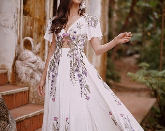 Pandora | Unique Wedding Dress With Purple Florals | Floral Embroidery Non  Traditional Dress | Sample | 3-4 Month Delivery