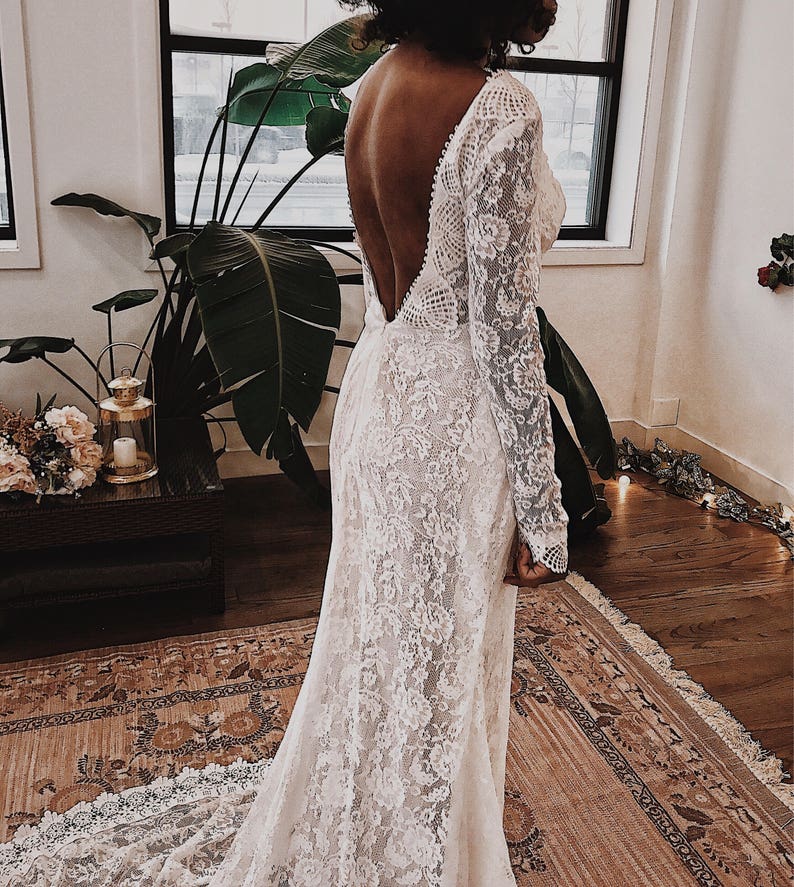 Venice / Bohemian Wedding Dress / Vintage Lace Wedding Dress / Open Back Backless and Long Sleeves Wedding Gown image 5