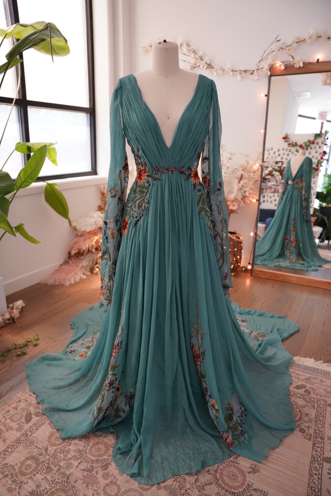 MEADOW Color Embroidery Wedding Dress Long Sleeves Bridal - Etsy UK