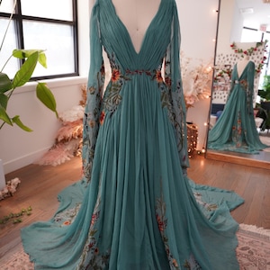 Meadow Teal | Embroidered Wedding Dress, Garden Wedding Dress | Floral Wedding Dress | Embroidery Green Dress | Sample | 3-4 Month Delivery