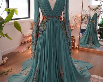 Embroidered Wedding Dress, Garden Wedding Dress , Floral Wedding Dress, Embroidery Gown Teal Dress - MEADOW sample