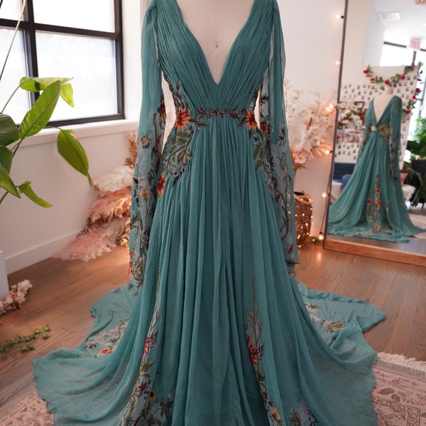 Embroidered Wedding Dress, Garden Wedding Dress , Floral Wedding Dress, Embroidery Gown Teal Dress - MEADOW sample