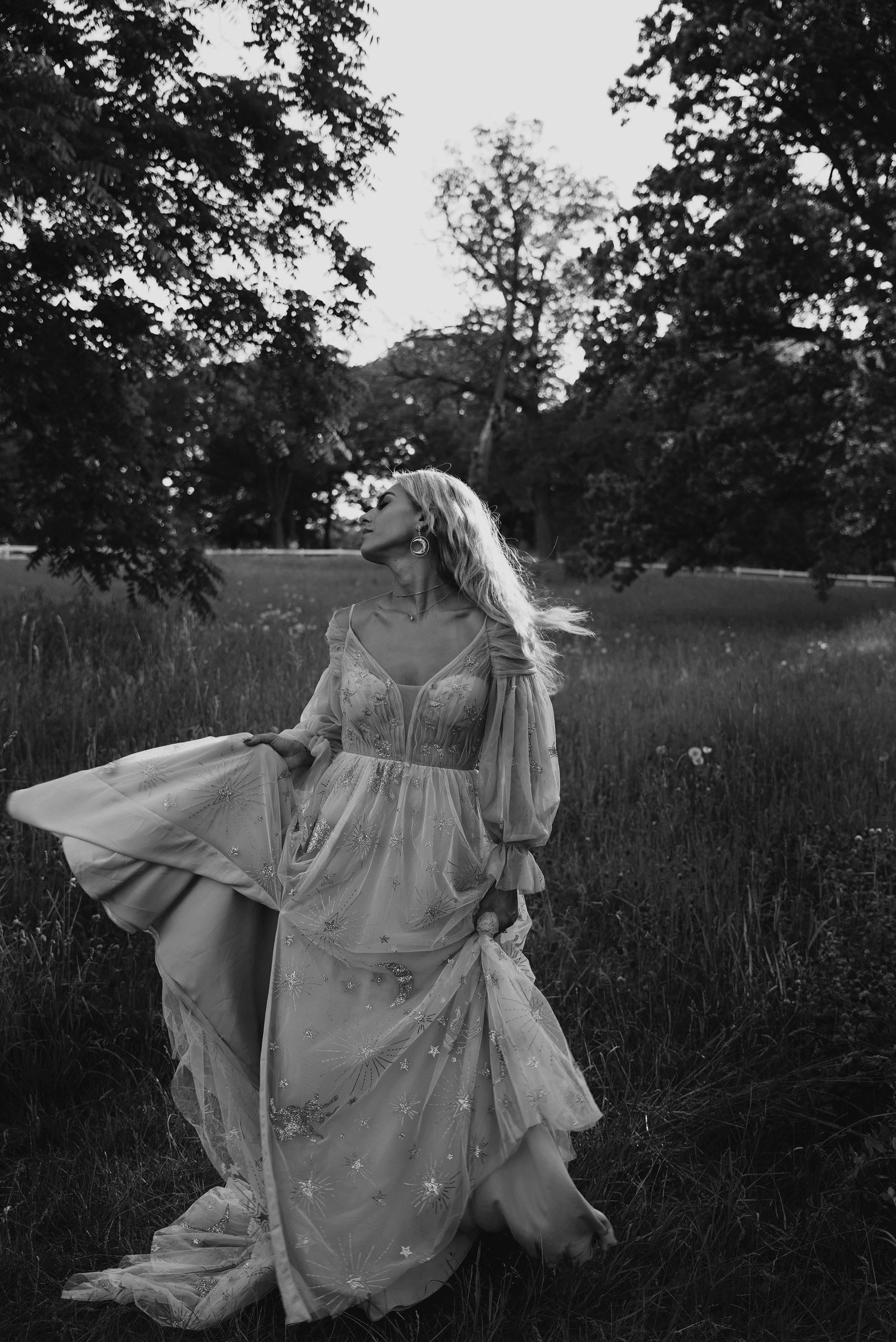 Starlight | Unique Celestial Bohemian Dress | Stars Moon Wedding Dress |  Luxury off Shoulder Tan Wedding Dress- MADE TO ORDER