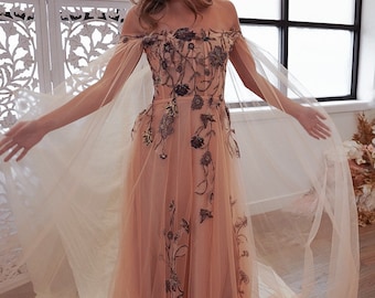 Esme Peach | Floral Embroidery Peach Tulle | A Line Dress, Boho Bridal Gown | Romantic Forest Fairy Dress | Sample | 3-4 Month Delivery