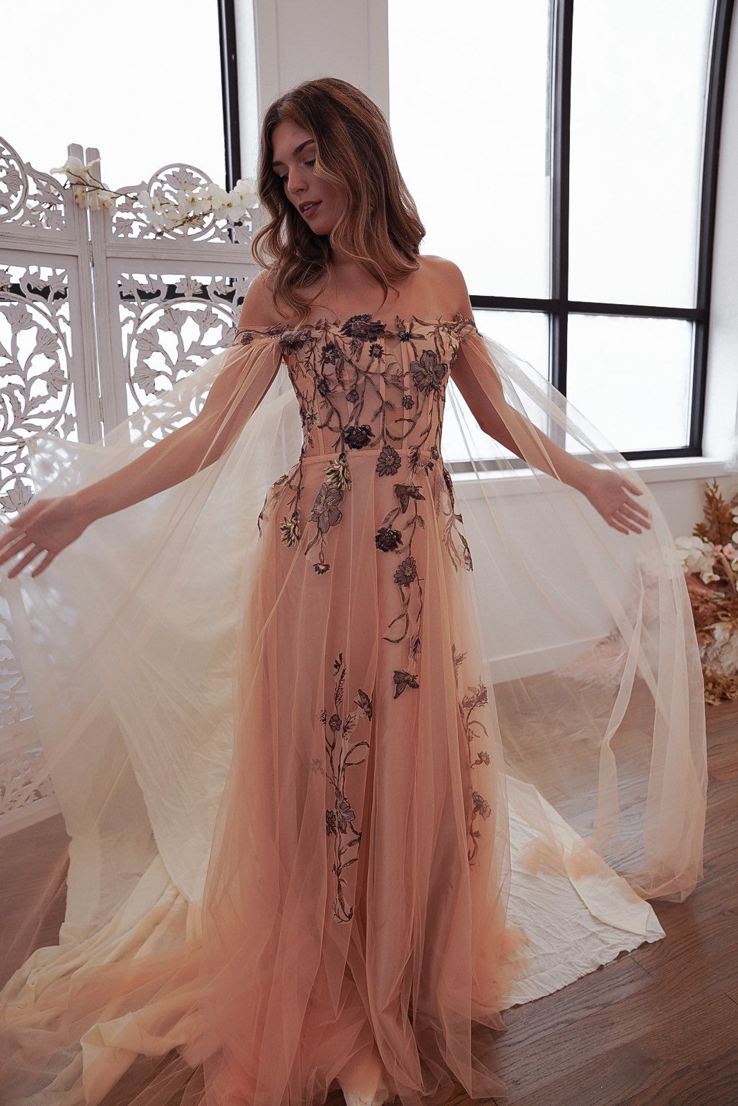 Esme Peach | Floral Embroidery Peach Tulle | A Line Dress, Boho